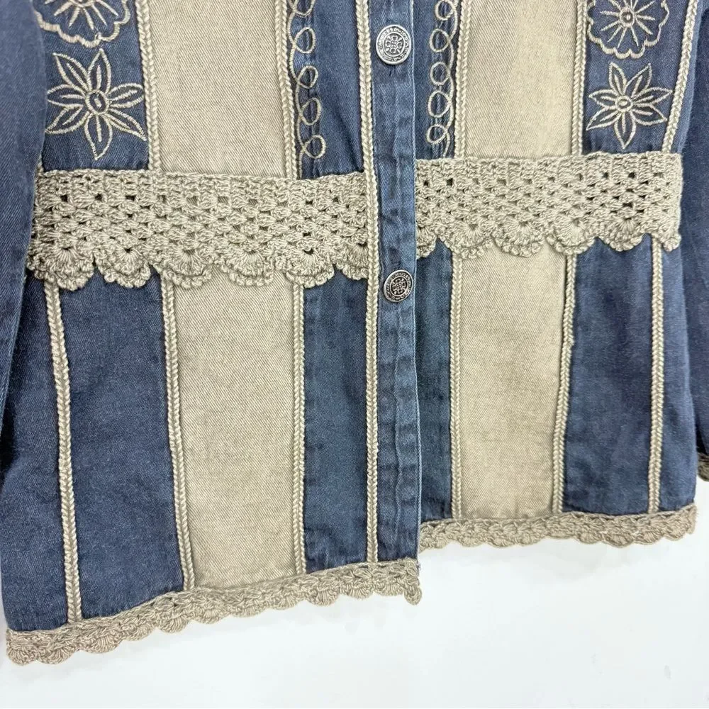 Parsley & Sage Blue Tan Cotton Denim Embroidered Lightweight Boho Jacket